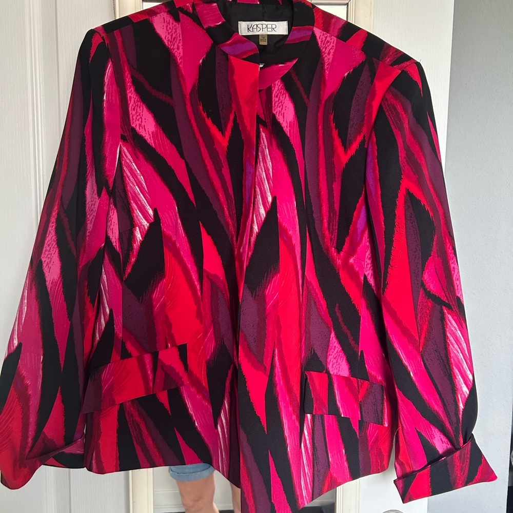 Kasper Pink and Red Boxy Blazer with Mandarin Collar